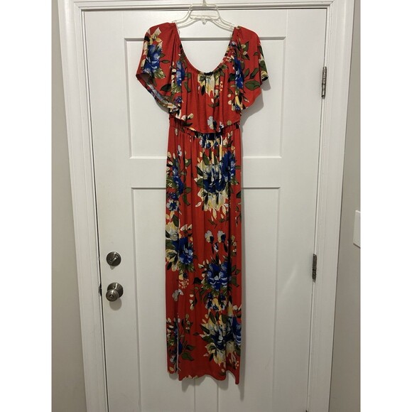 Jodifl Red Floral Off Shoulder  Size Small Maxi Dress Gathered Waist Split Joint - Picture 7 of 10
